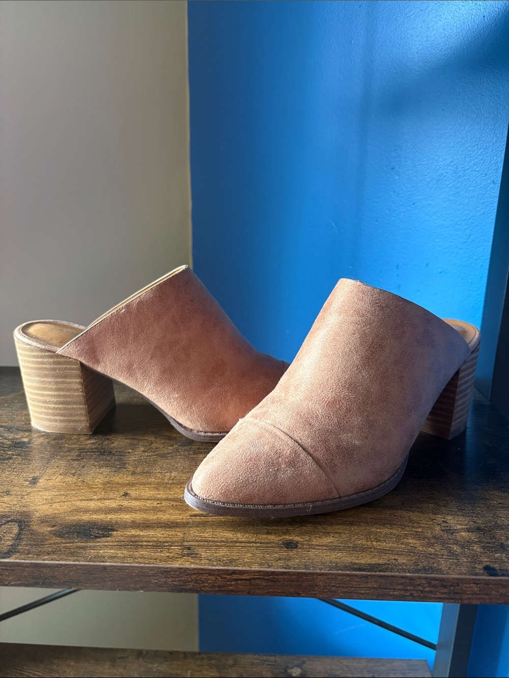 Womens Tan Suede Block Heel Mule